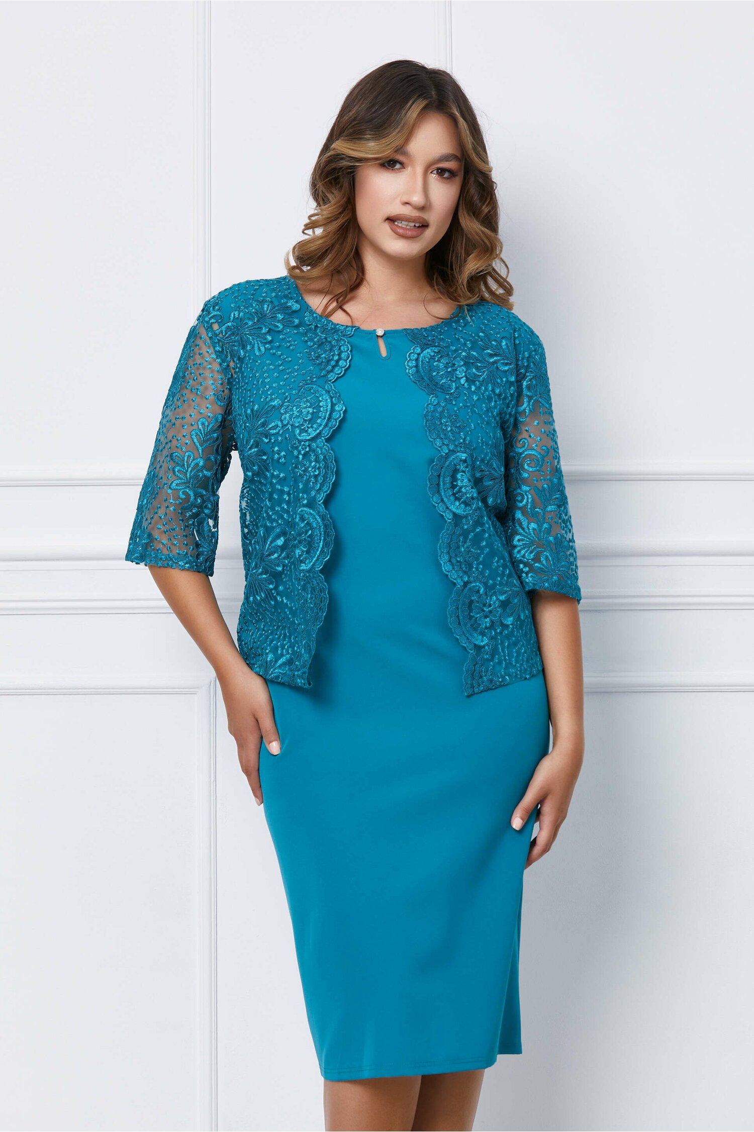 Rochie turcoaz cu bolero din dantela - Rochii-Dama.ro