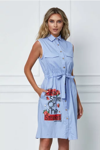 Rochie Sorina bleu tip camasa cu imagine imprimata si cordon in talie