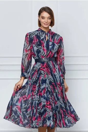 Rochie Sorina gri cu imprimeuri fucsia si bleumarin