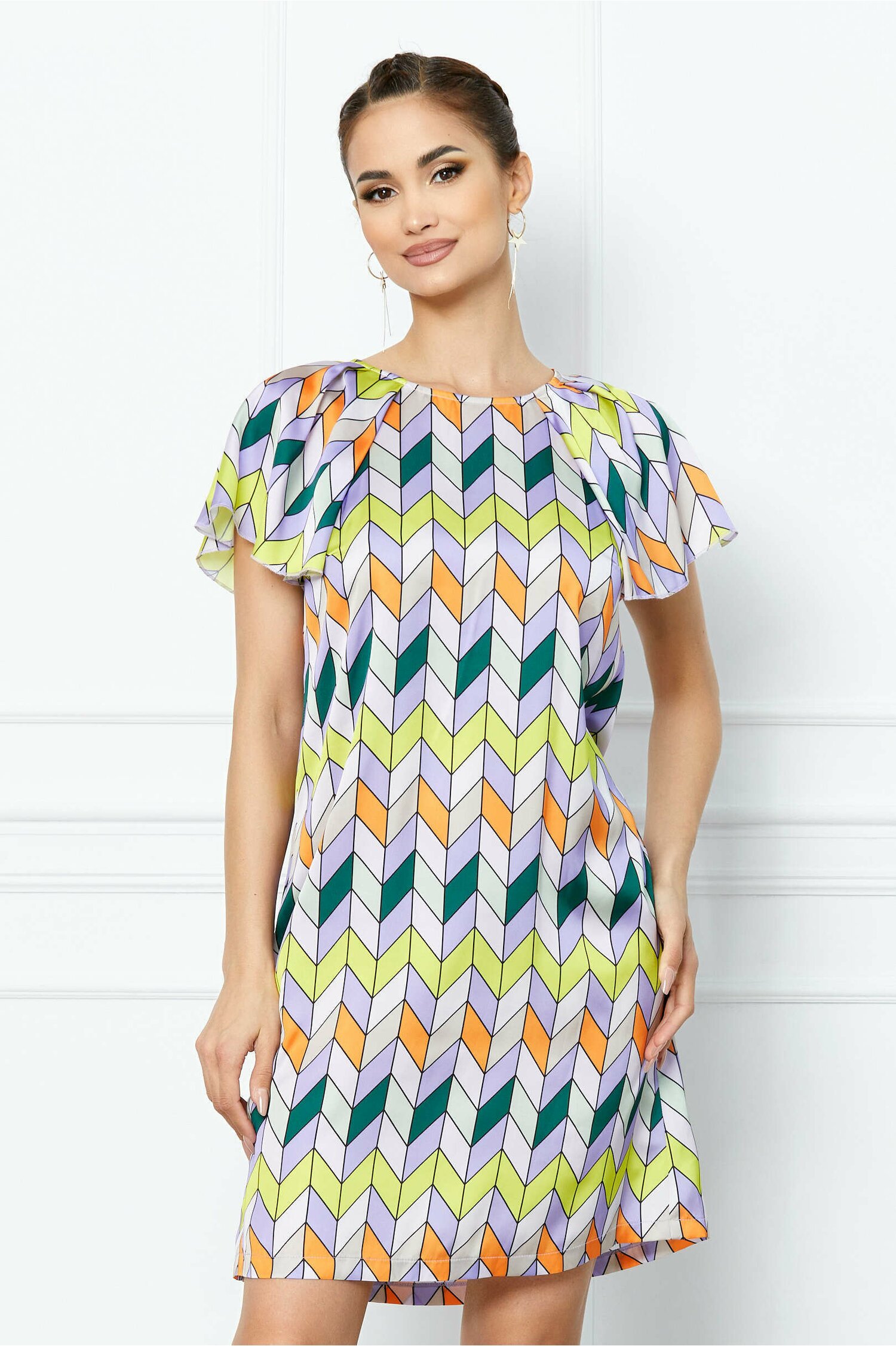 Rochie Suzy lila cu imprimeuri colorate