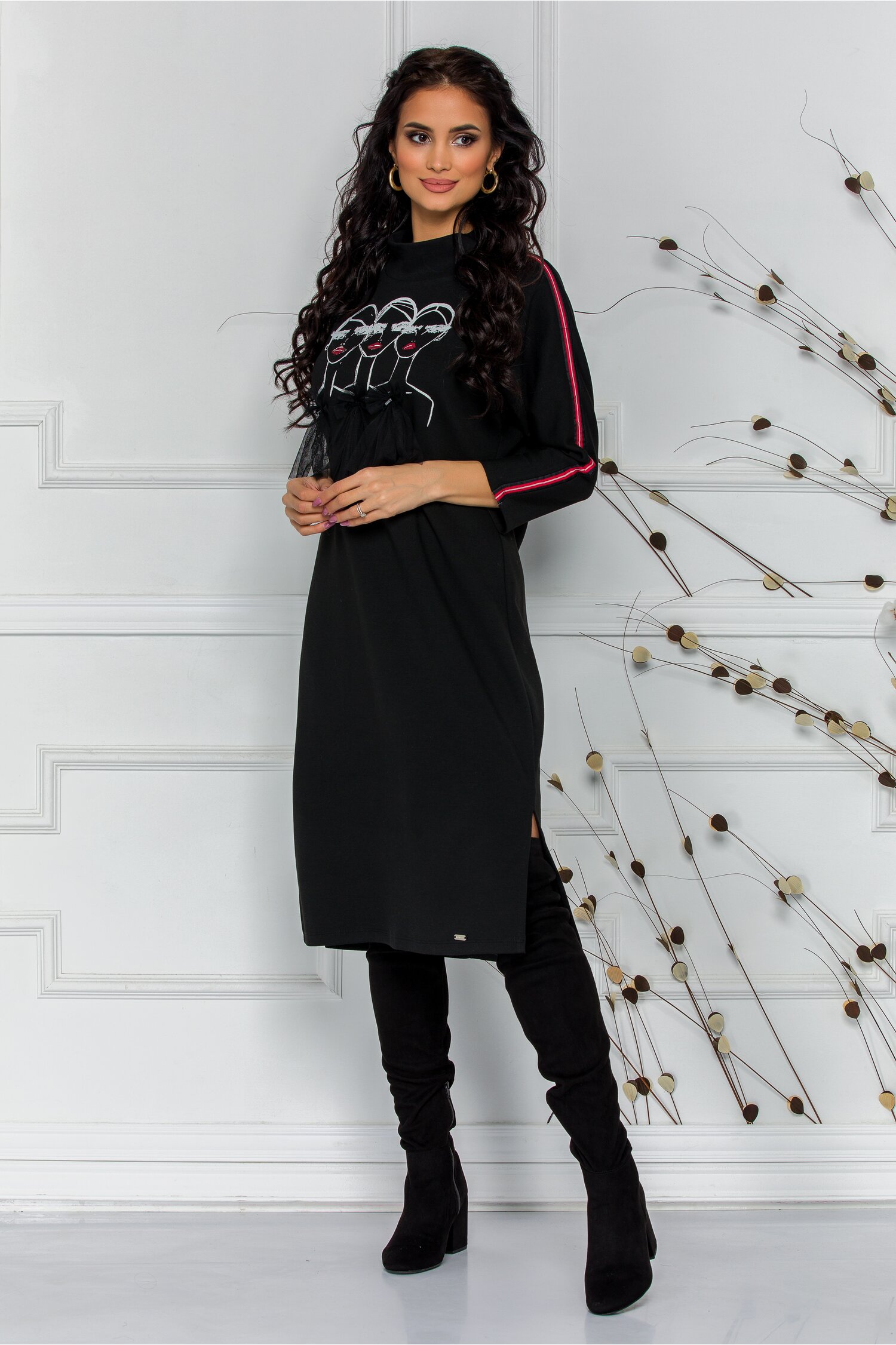 Rochie Tara neagra casual cu imprimeu fashion