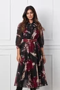 Rochie Valeria neagra cu imprimeuri magenta si curea in talie
