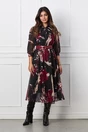Rochie Valeria neagra cu imprimeuri magenta si curea in talie