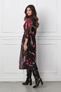 Rochie Valeria neagra cu imprimeuri magenta si curea in talie