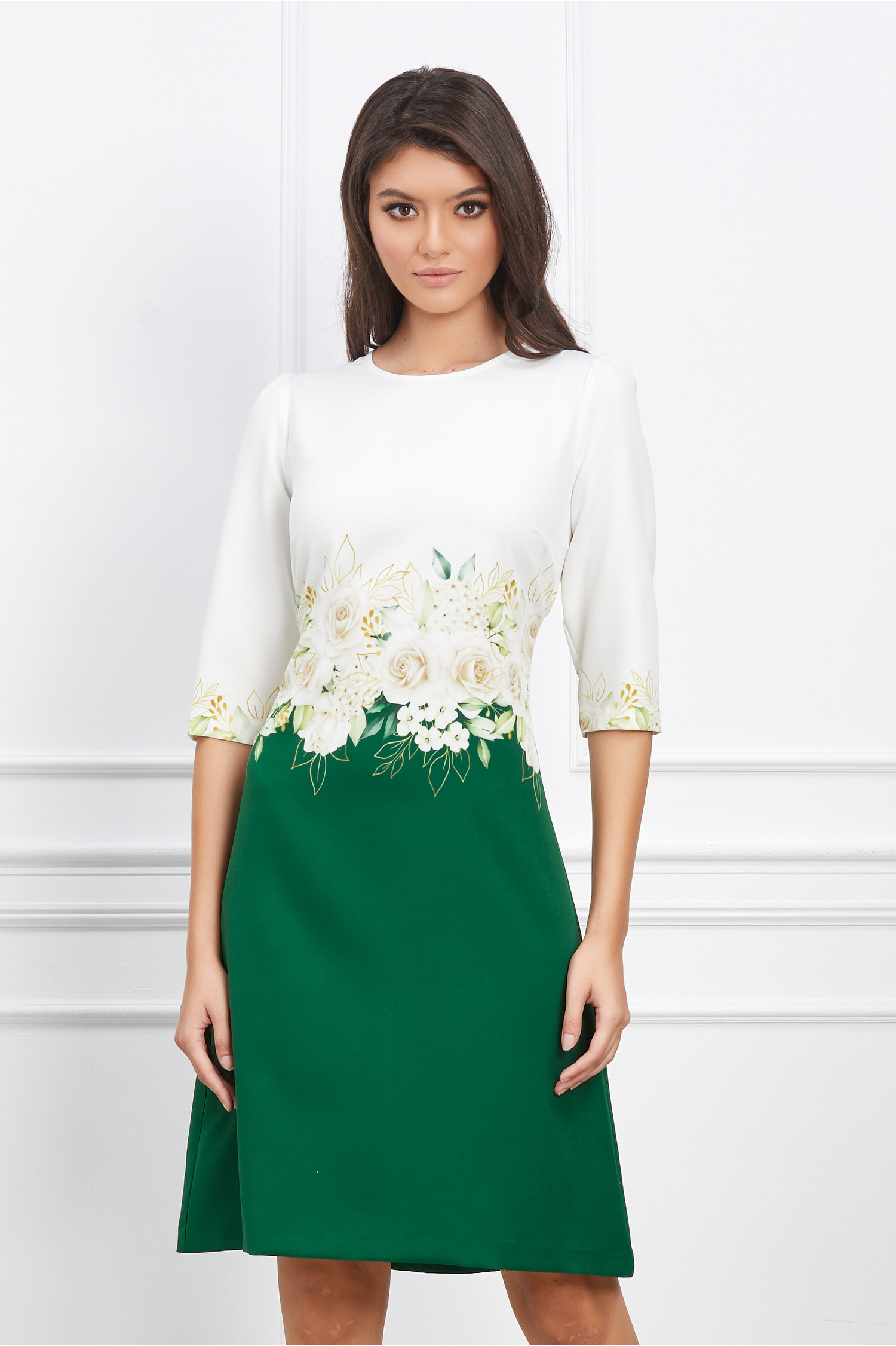 Rochie office Viviana cu bust alb si fusta verde