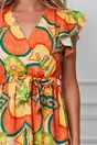 Rochie Wendy portocalie cu imprimeu floral colorat si baza asimetrica