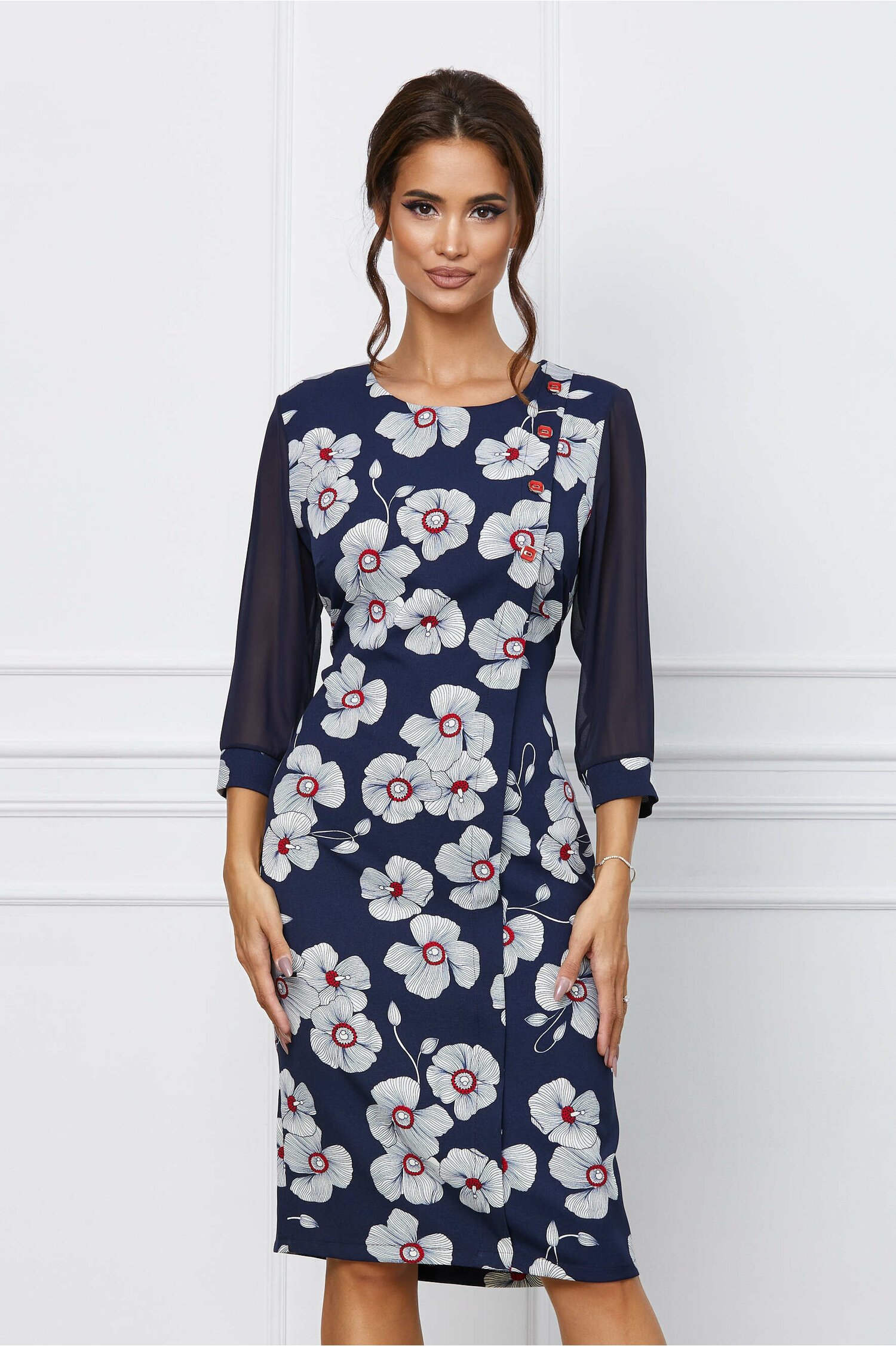 Rochie Wilma bleumarin cu imprimeu floral alb