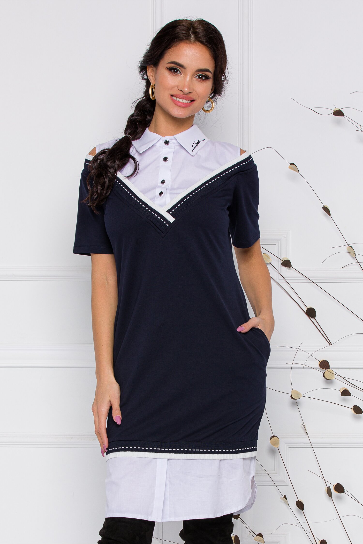 Rochie Zari bleumarin cu design tip camasa