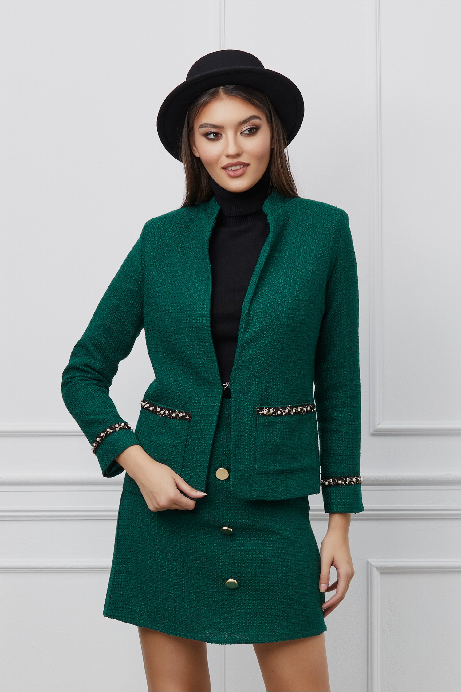 Sacou Dy Fashion verde din tweed cu aplicatii dyfashion.ro dyfashion.ro