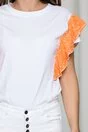 Tricou Lara alb cu volanas portocaliu la maneci