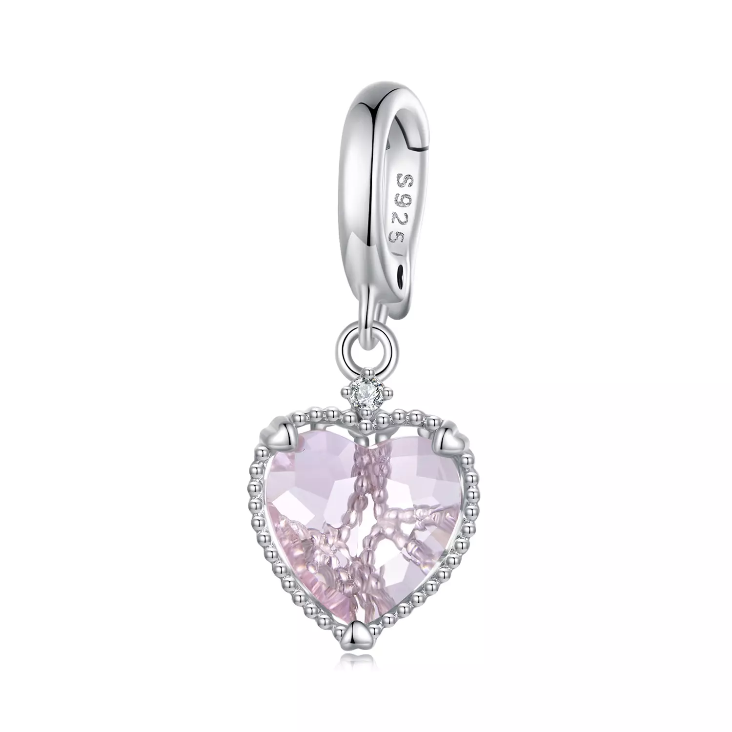 Розово стъклено сърце сребърен талисман