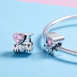сребърен талисман с кристал розов I Love Mom