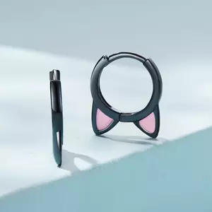Сребърни Обици Емайл Черна Котка