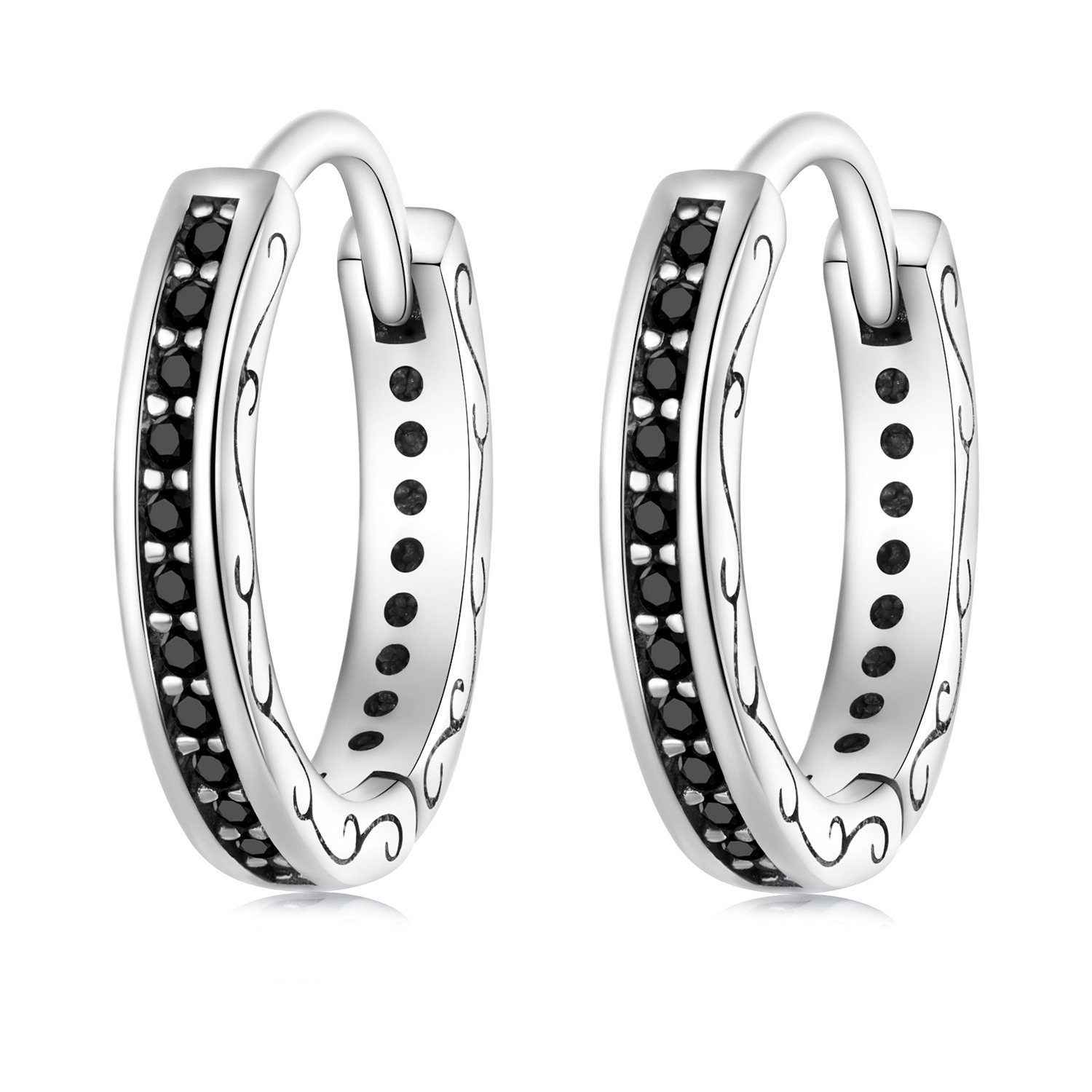 Cercei din argint Black Crystals Hoops