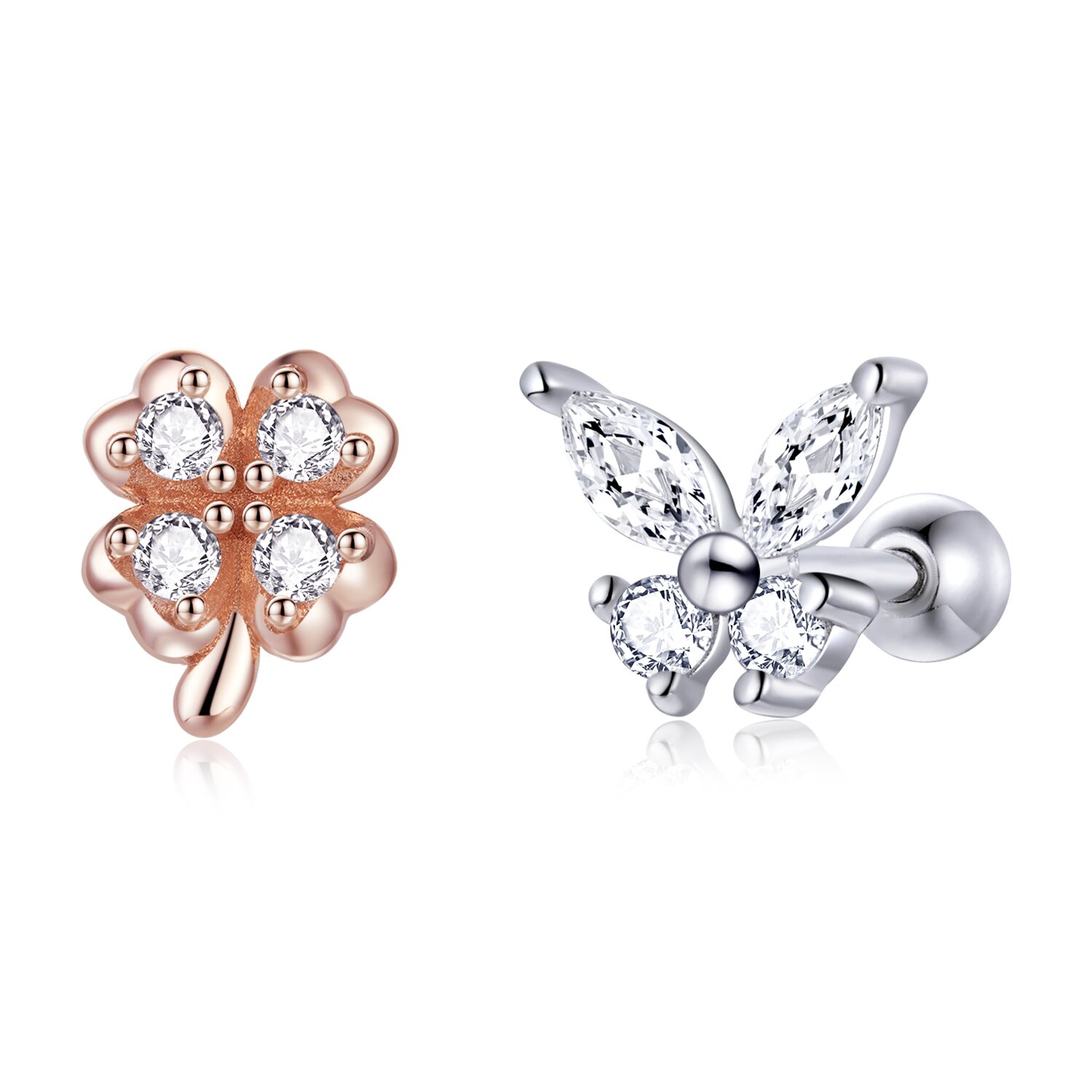 Cercei din argint Butterfly and Four Leaf Clover Studs and