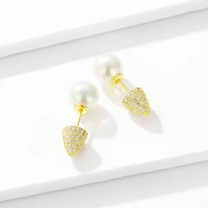 Cercei din argint Golden Sparkling Studs & Pearls