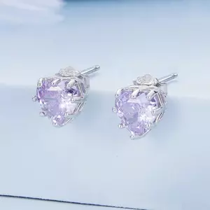 Cercei din argint Light Purple Crystal Heart