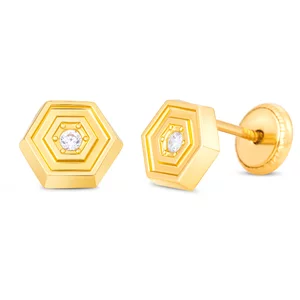 Cercei din aur 14K Hexagon 3D si Cristal