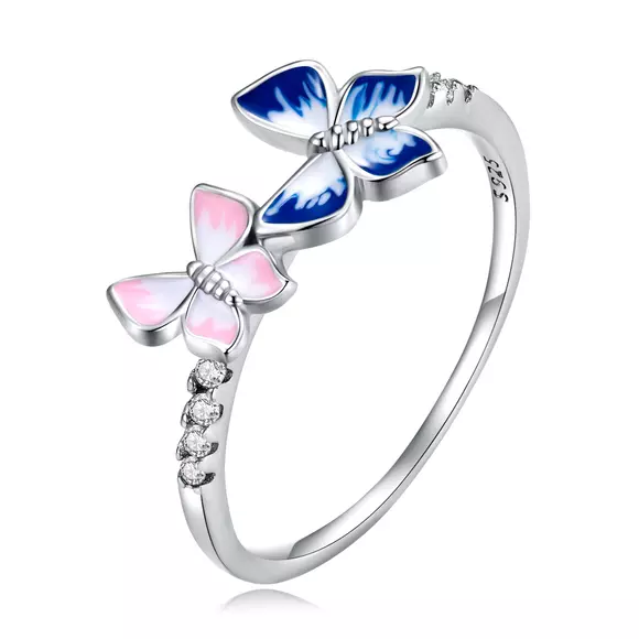 Inel din argint Blue and Pink Fire Butterfly