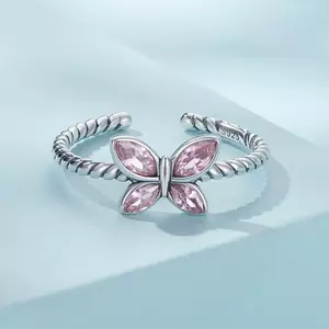 Inel reglabil din argint Pink Crystal Butterfly