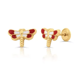 Cercei din aur 14K pentru copii Dragonfly White/Red
