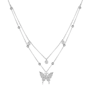 Colier din argint Double Chain Sparkling Butterfly