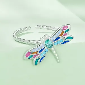 Inel reglabil din argint Colorful Dragonfly