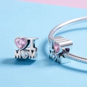 Talisman din argint cu cristal roz I Love Mom