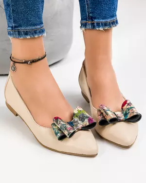 Balerini dama din piele naturala bej cu talpa joasa si fundita aplicata cu imprimeu floral WIZ24