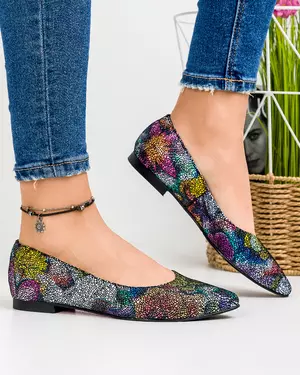 Balerini dama din piele naturala cu print multicolor toc mic si varf ascutit WIZ27A
