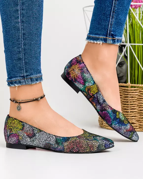 Balerini dama din piele naturala cu print multicolor toc mic si varf ascutit WIZ27A