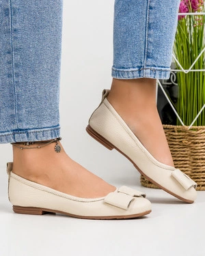 Balerini dama piele naturala bej cu fundita aplicata BA003