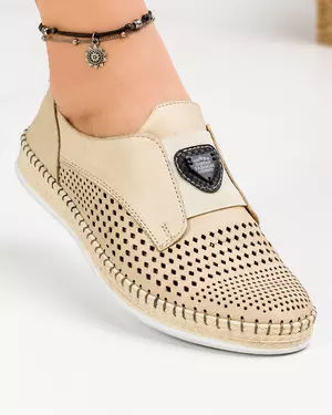Balerini dama piele naturala bej cu talpa cusuta si perforatii MM-133-2