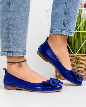 Balerini dama piele naturala lucioasa albastru intens cu fundita aplicata BA004