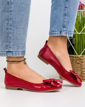 Balerini dama piele naturala lucioasa rosii cu fundita aplicata BA004