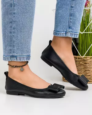 Balerini dama piele naturala negri cu fundita aplicata BA003