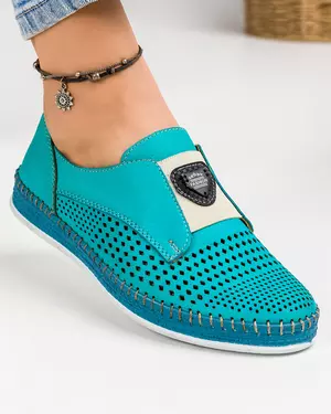 Balerini dama piele naturala turcoaz cu perforatii si insertie elastica MM-133-2 38
