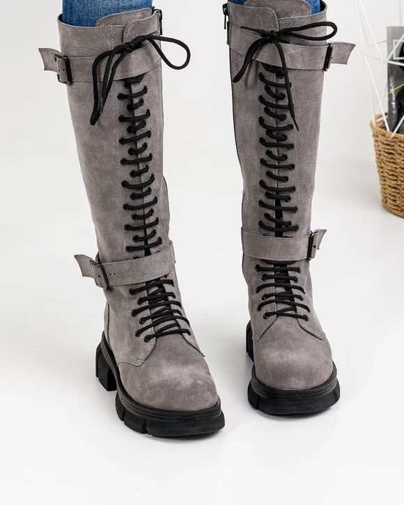 Cizme Piele Naturala Intoarsa Gri WIZ07V