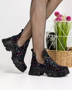 Ghete de vara dama piele naturala intoarsa negre cu model galaxy POL158