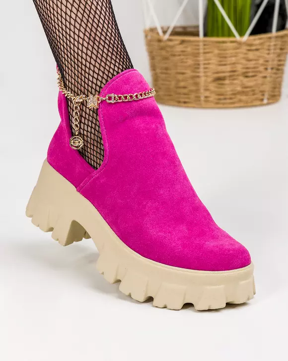 Ghete de vara piele naturala intoarsa fucsia cu accesoriu detasabil POL176