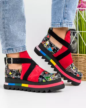 Ghete de vara Piele Naturala Negru cu Rosu POL145