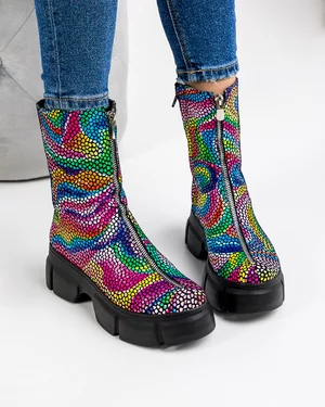 Ghete Piele Naturala Intoarsa Print Curcubeu POL102C