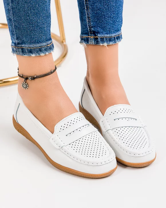 Mocasini Dama Piele Naturala Albi T-3041