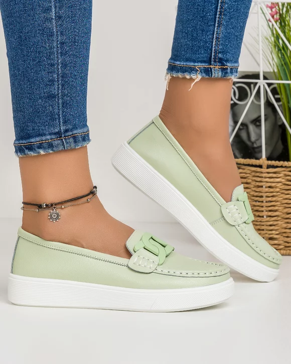 Mocasini Piele Naturala Verzi Cu Accesoriu AW401