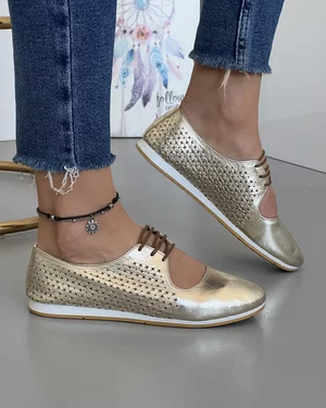 Pantofi Casual Aurii Din Piele Naturala Cu Siret Si Perforatii Florale AK300