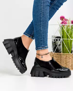 Pantofi casual dama din piele naturala intoarsa si piele naturala lucioasa negri PC838
