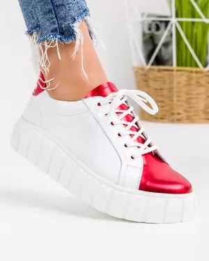 Pantofi Casual Dama Piele Naturala Alb cu Rosu WIZ19