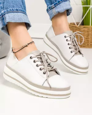 Pantofi casual dama piele naturala albi cu gri JY2780