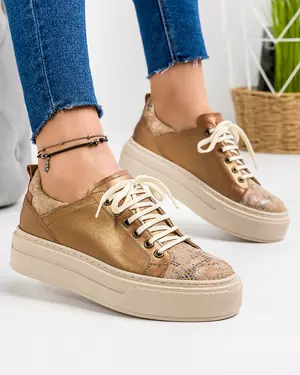 Pantofi casual dama piele naturala aurii cu imprimeu FIA180