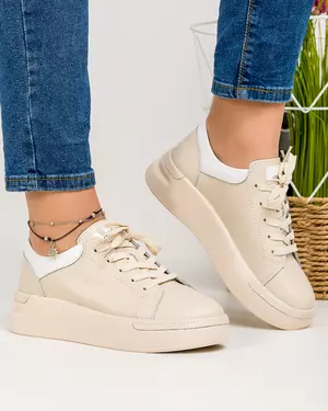 Pantofi casual dama piele naturala bej cu inchidere siret AW363